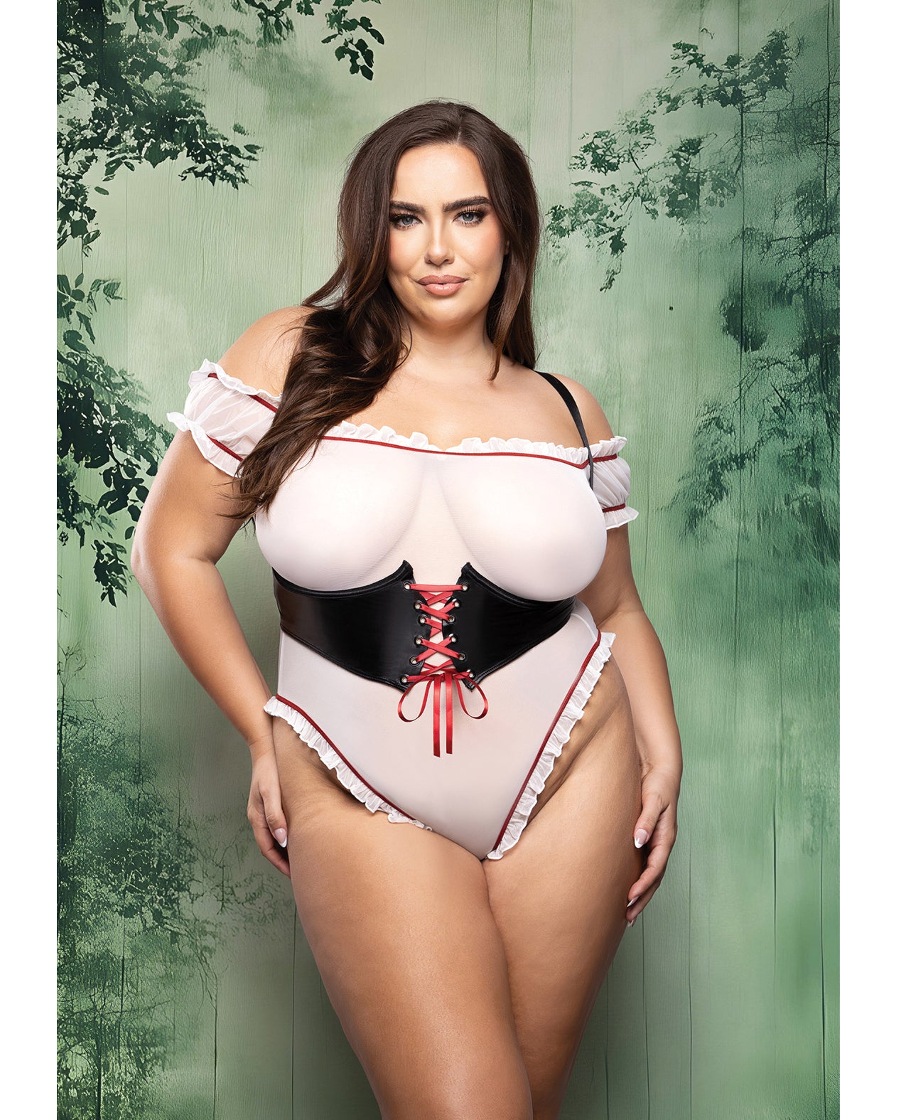 Dangerous Darling Sheer Mesh Ruffle Teddy w/Waist Cincher & Hooded Cape 3 pc Set - Black/White 1X/2X